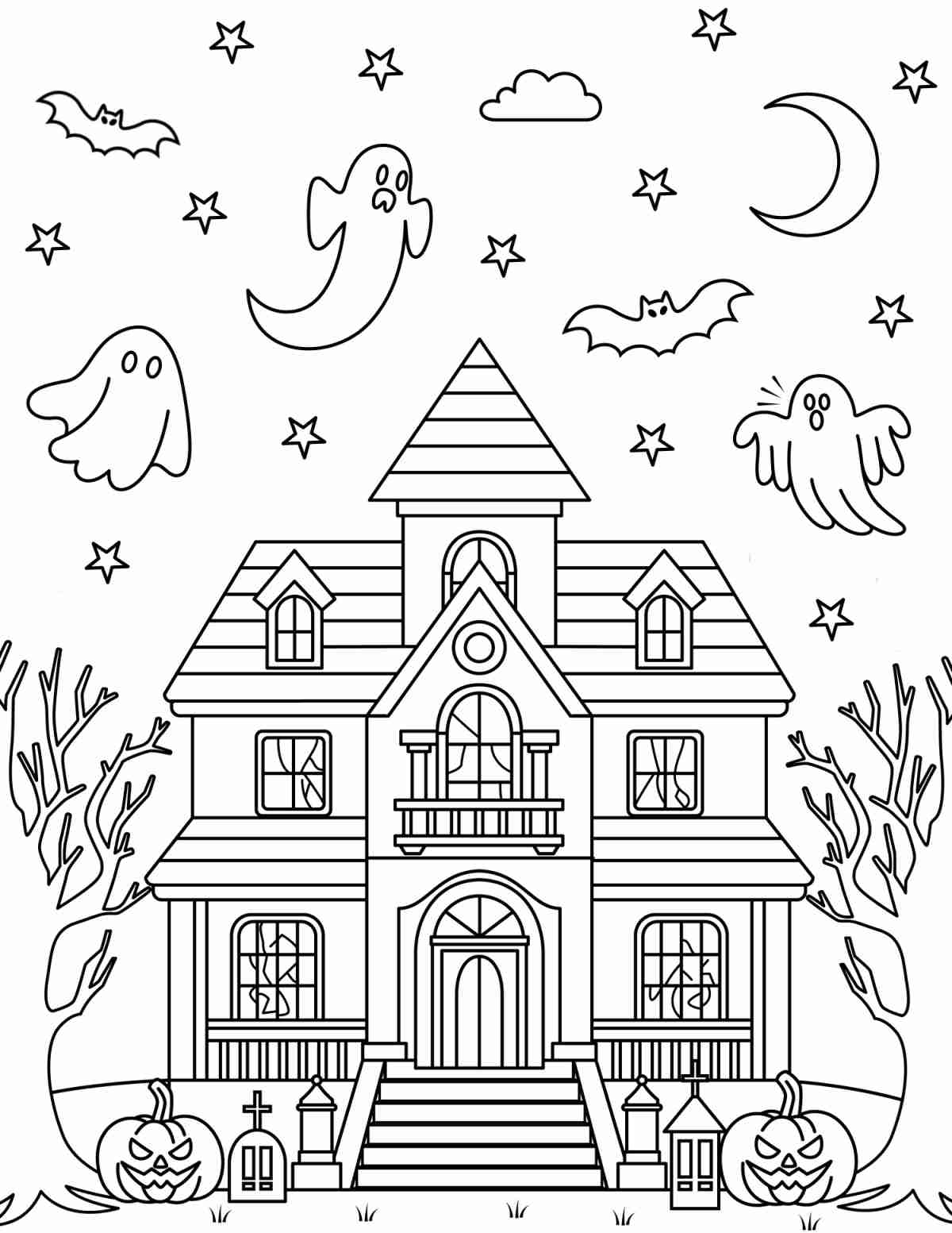 A free haunted house coloring page printable featuring a two story house with ghosts flying above it.