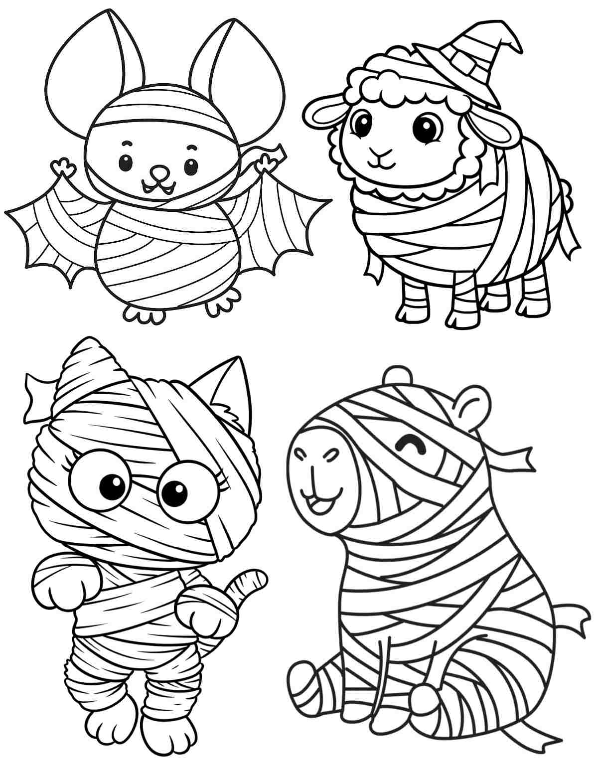 A mummy coloring sheets printable featuring four animals with bandages wound around them like mummies, from left to right and top to bottom the animals are a bat, a sheep, a capybara and a cat.