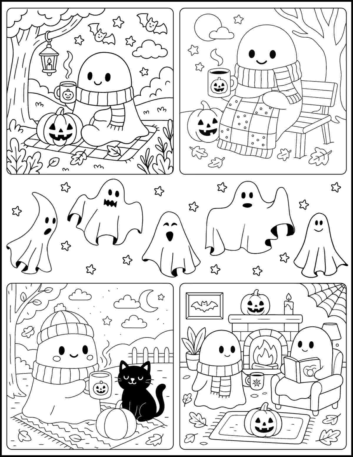 A free ghost coloring pages printable featuring four different vignettes of ghosts doing fall activities including a fall picnic, a ghost on a picnic bench, a ghost outside with a cat, and two ghosts in a cozy reading room.