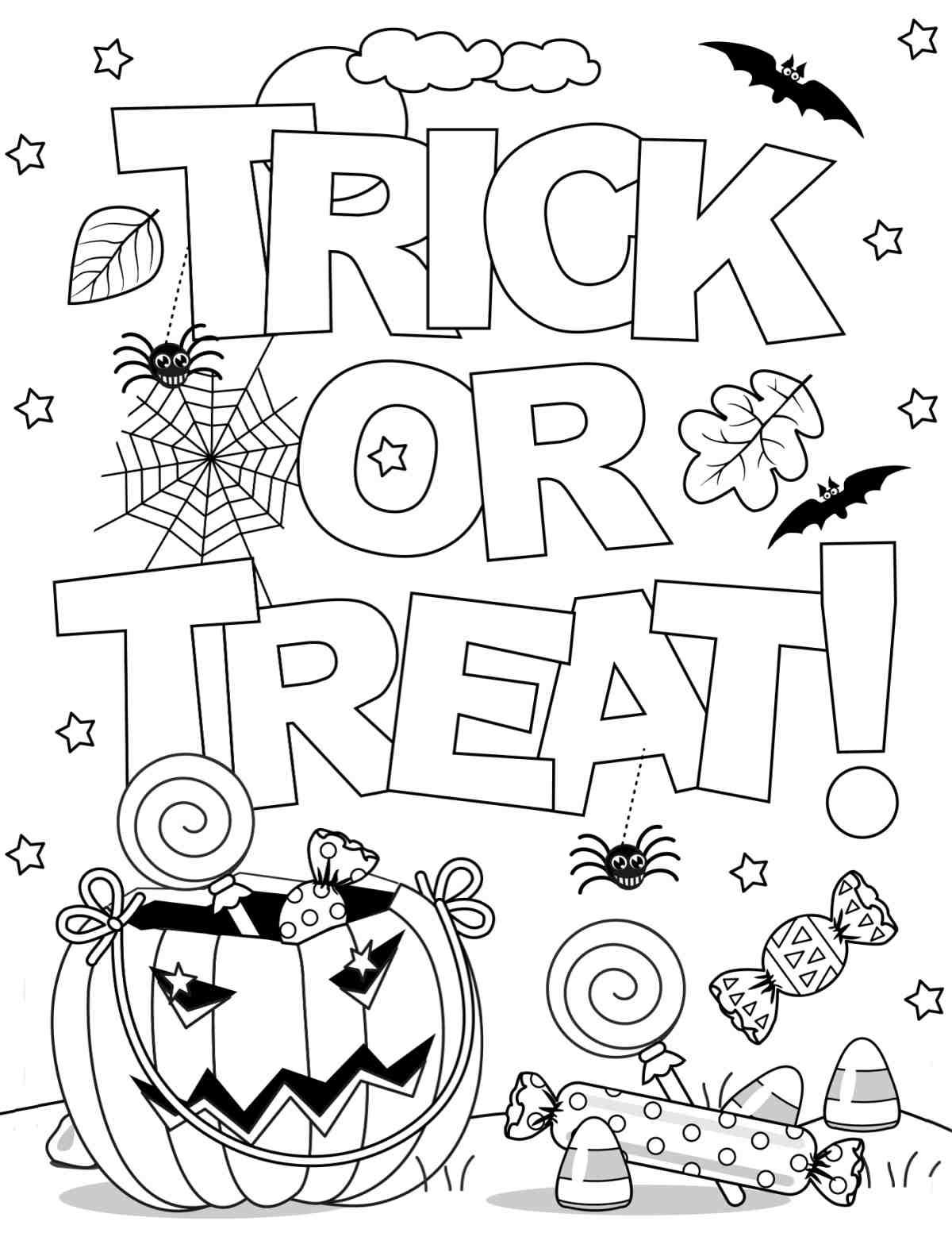 A free trick or treat coloring pages printable with a jack o lantern in the bottom of the image with some candy beside it, and very large bubble letters that say trick or treat in the center of the image.