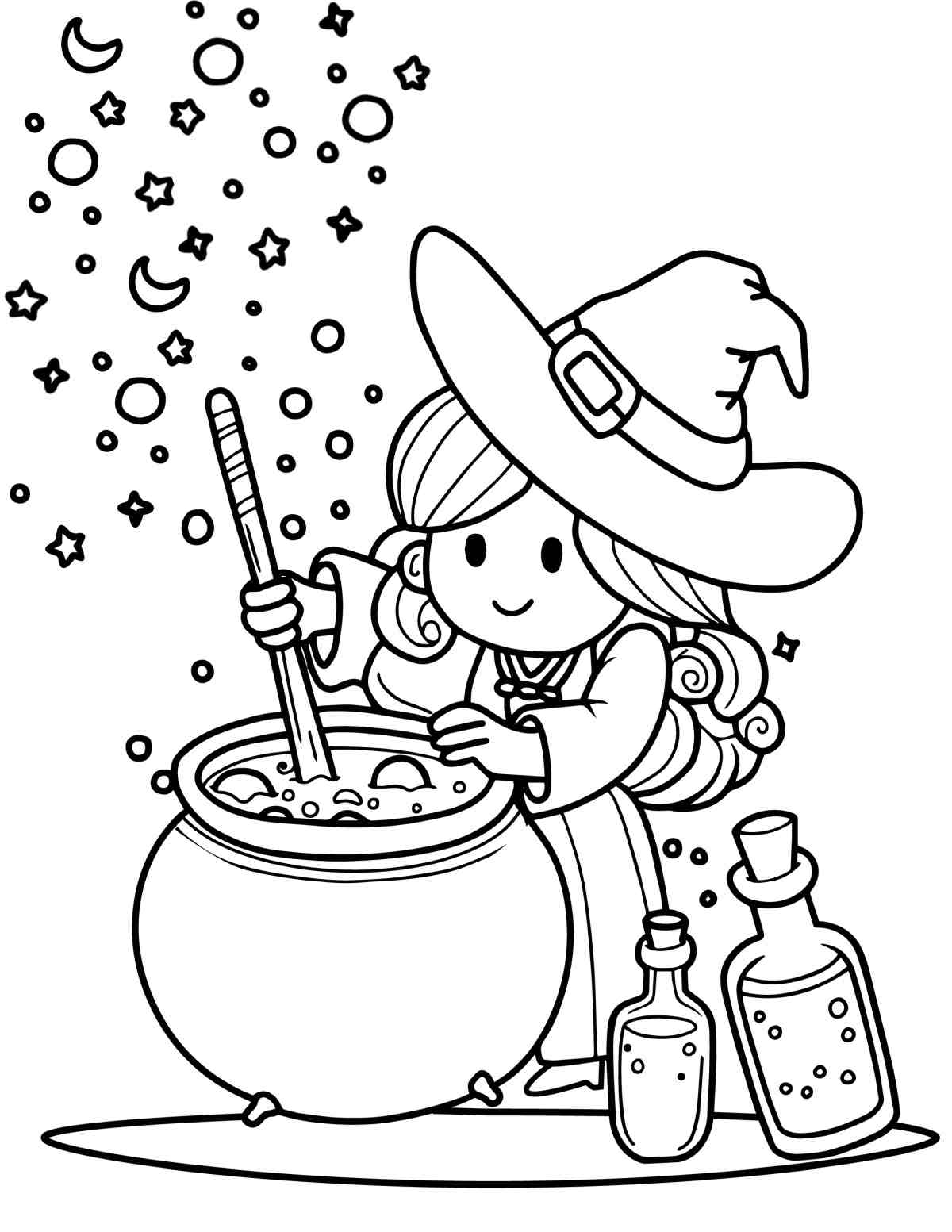 A free witch coloring pages printable showing a little witch stirring a cauldron with stars, moons and bubbles coming out of it.