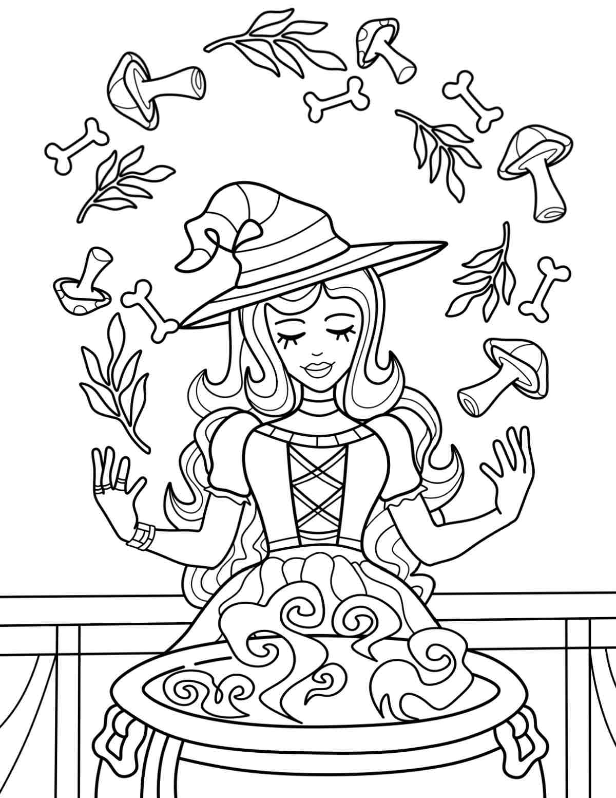 A Halloween witch coloring page printable showing a witch standing over a cauldron holding out her hands and having mushrooms, leaves and bones floating above her hands in a semicircle over her head.
