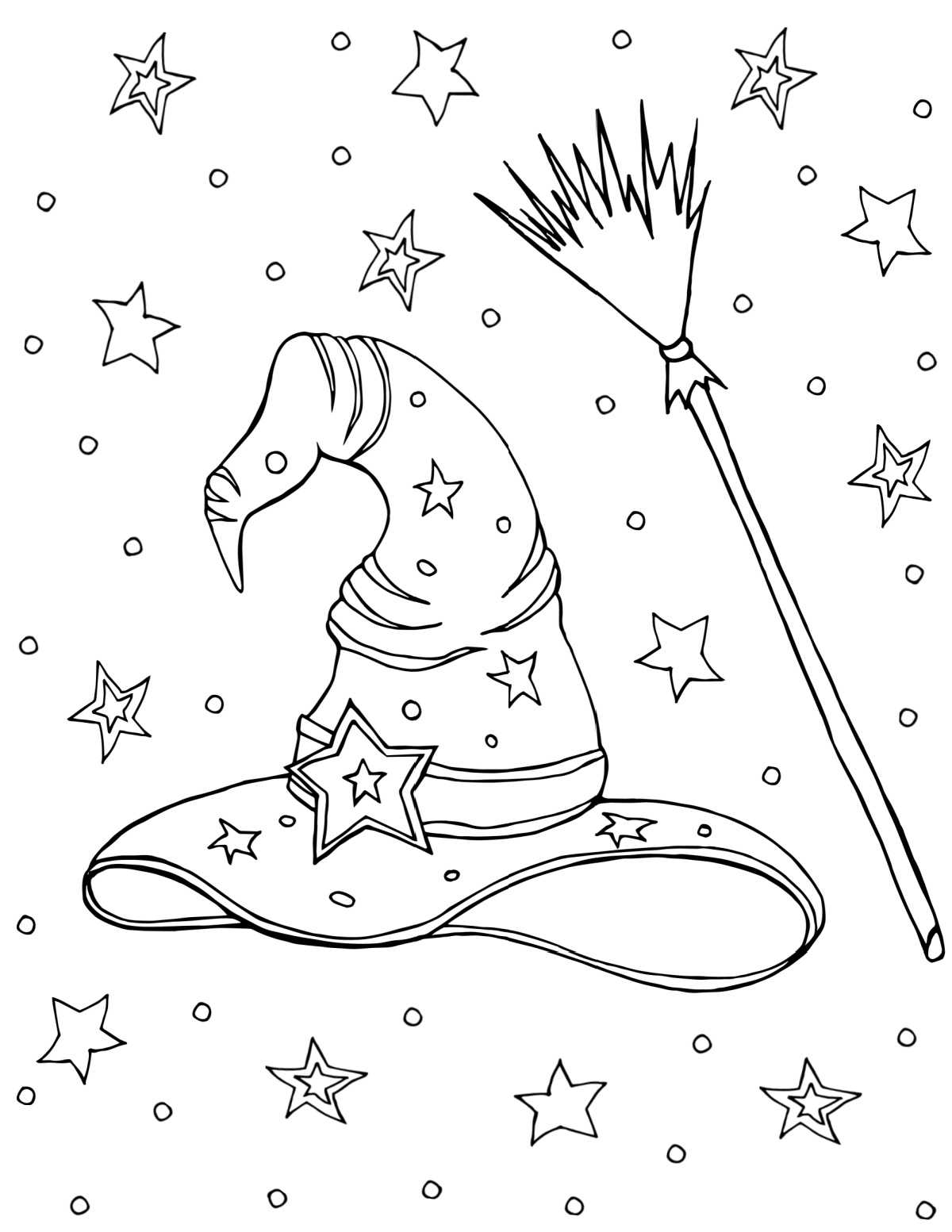 A witches hat coloring pages printable featuring a witches hat with a curved top beside a broom, with stars all around them.