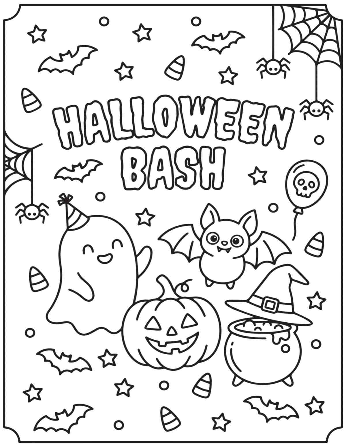 A free printable Halloween coloring sheets with the words Halloween bash in the center, with a ghost, pumpkin and jack-o-lantern dancing under it next to a cauldron.