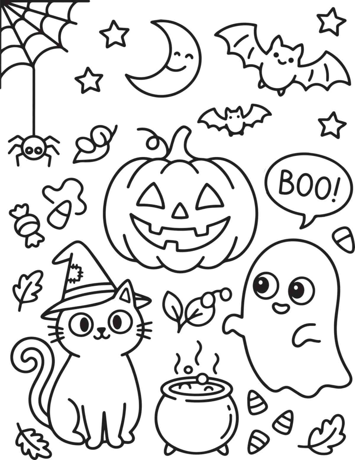 A free printable Halloween coloring pages image featuring a cauldron with a black cat, ghost, and jack-o-lantern around it, with a spider and web in the corner, and a moon, stars and bats in the sky.