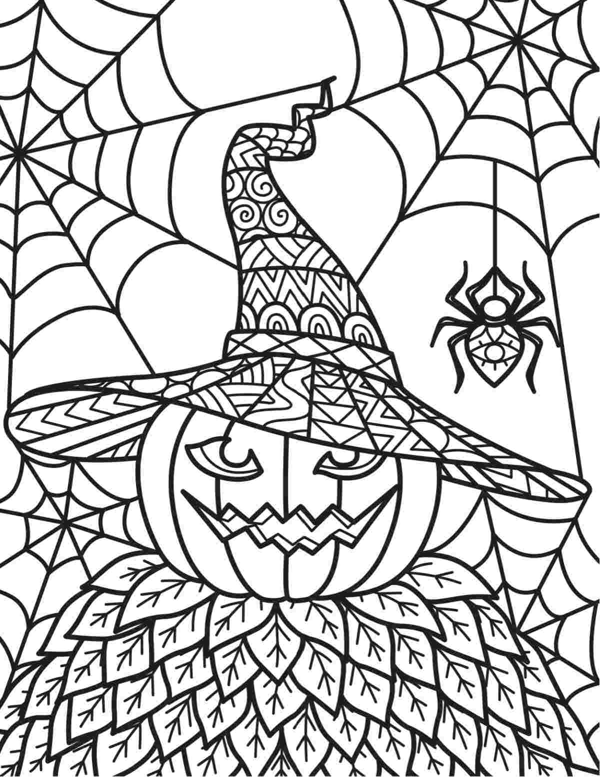 A spider web coloring pages printable with a jack o lantern wearing a witches hat sitting on a pile of leaves, with two spider webs around it, one of which has a spider hanging down from it.