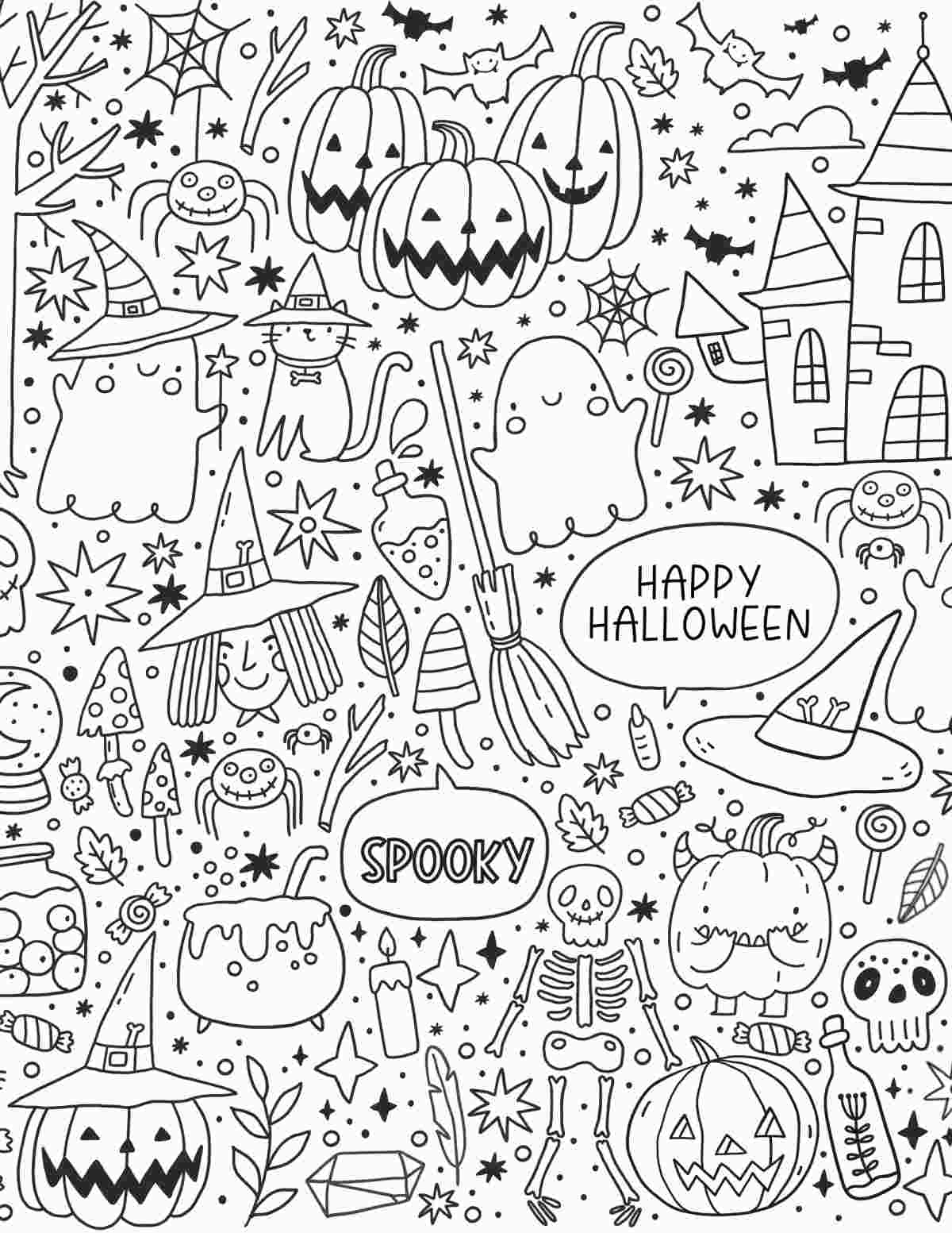A free printable Halloween coloring sheets image featuring many symbols of halloween including skeletons, ghosts, black cats, jack-o-lanterns and more!